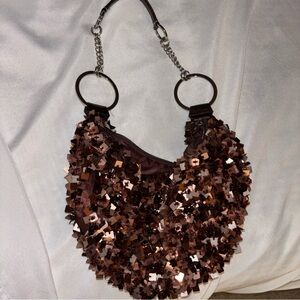 Y2K brown Sequin Embellished Shoulder purse crescent slouchy metal handles